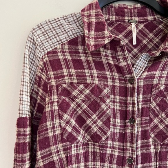 Free People Two-Tone Plaid Flannel Button Down, Raspberry Red & Light Grey, S - Picture 6 of 9